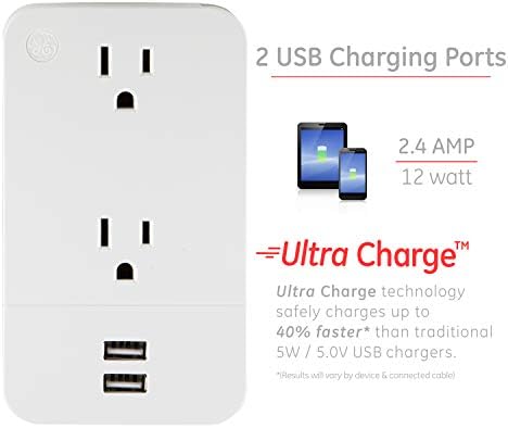 GE Pro 2-Outlet Extender Charging Station 2 USB Port, Beépített Kábel Menedzsment, elosztó, 2.4 AMP/12 Wattos Ultra-Díj,