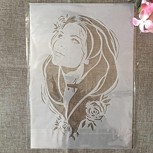 TIAMECH A4-es Rose Lány Stencil Festés, Fa Újrafelhasználható Hosszú Hajú Szépség Rétegződés Stencil DIY Scrapbook Színezés