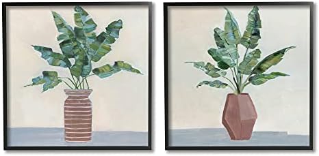 Stupell Iparágak Zöld Pálma Levél Növények Barna Üvegek csendélet, Design by Sally Swatland Fekete Keretes Fali Művészet,