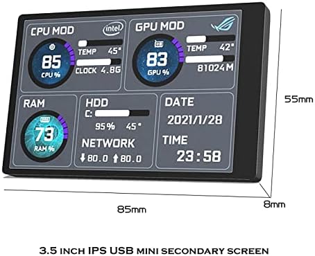 iFCOW Számítógép Hőmérséklet Monitor, PC Hőmérséklet Kijelző, 3. 5 IPS USB Mini Másodlagos Képernyő CPU, GPU, RAM, HDD, Monitor