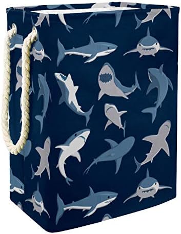 Szennyesben Kék Cápák Minta Haditengerészet Háttér Összecsukható Vászon Szennyes Tároló Kosár fogantyúval, Levehető Zárójelben